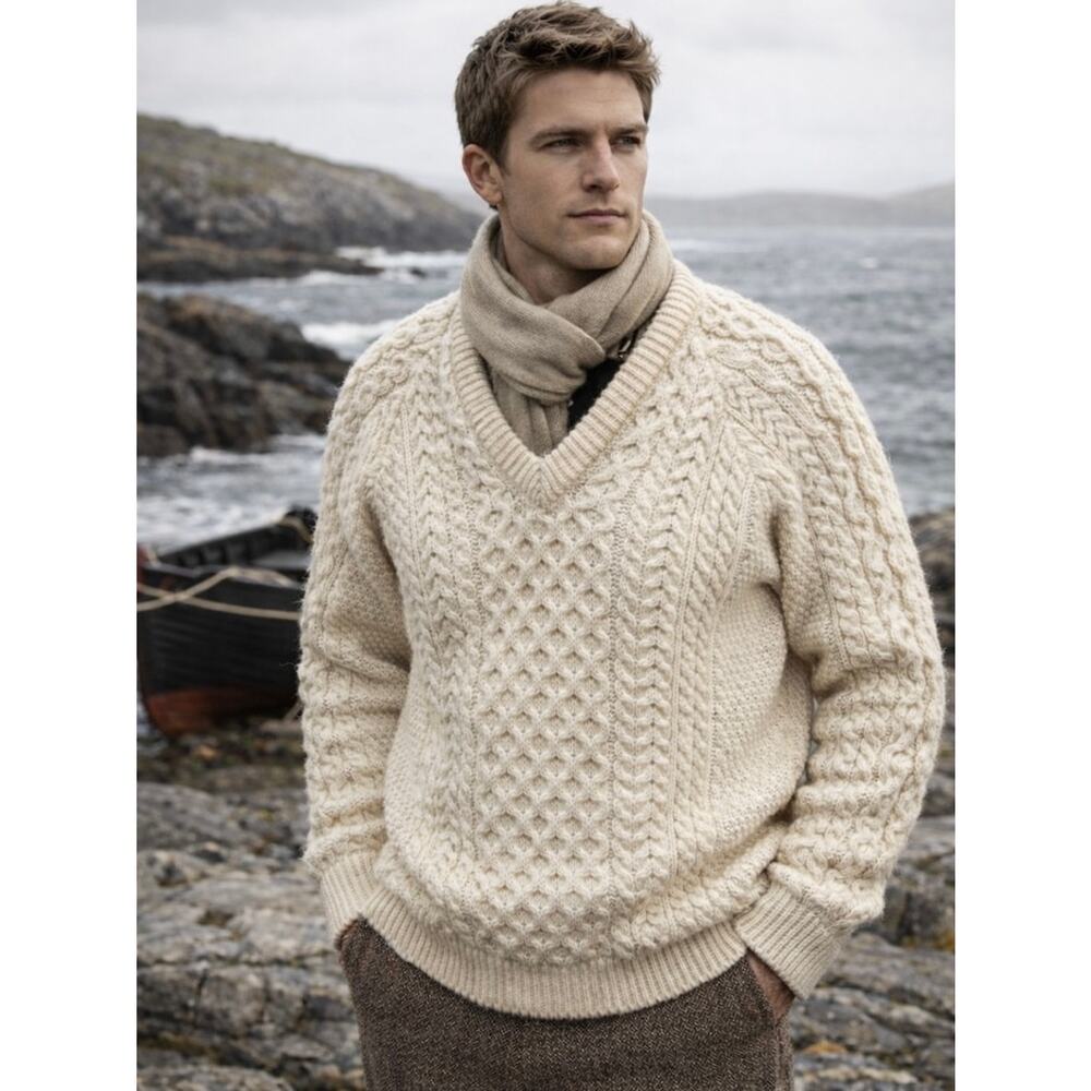 Vintage Carraig Aran Fisherman Sweater Irish Cable Knit Cream Wool Size 44 XL